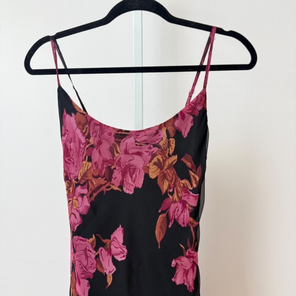 Betsey Johnson M Black Floral Silk Midi Dress Asymmetrical Ruffle Whimsigoth - Picture 2 of 7